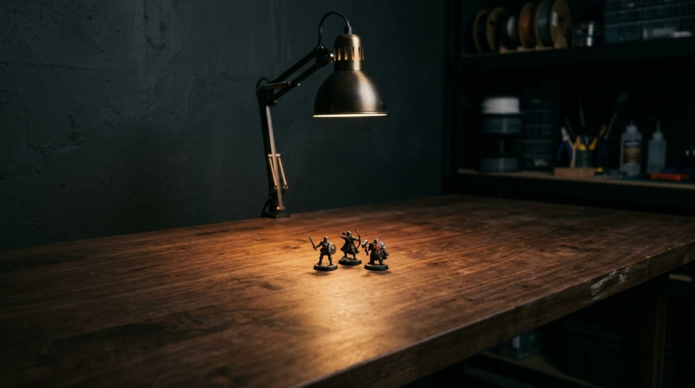 Three 3D-printed miniatures on a workshop bench